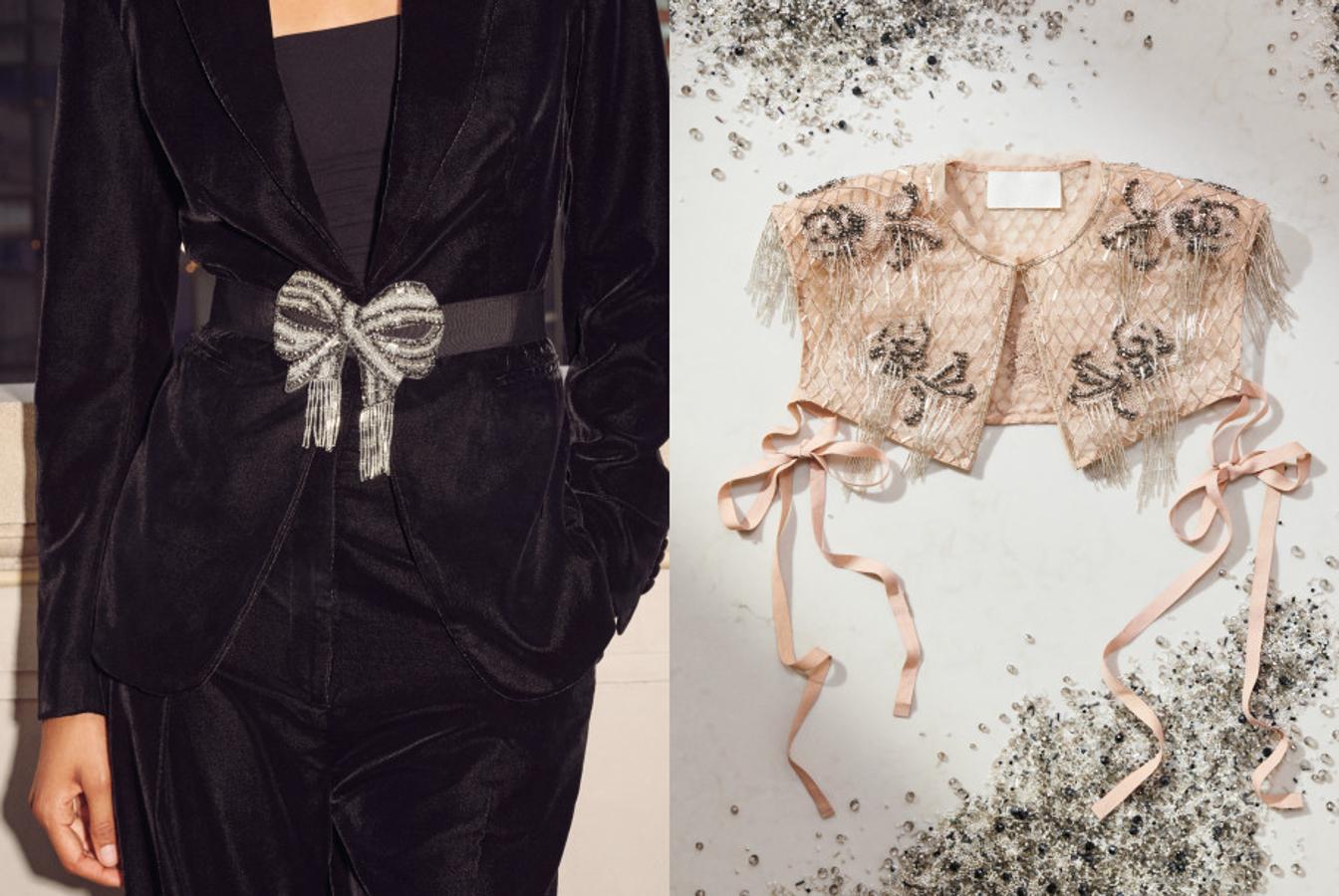 A la izquierda, chaqueta de velour con cinturón joya (129 euros). A su lado, la capa corta o bolero profusamente bordado con cuentas en color rosa.