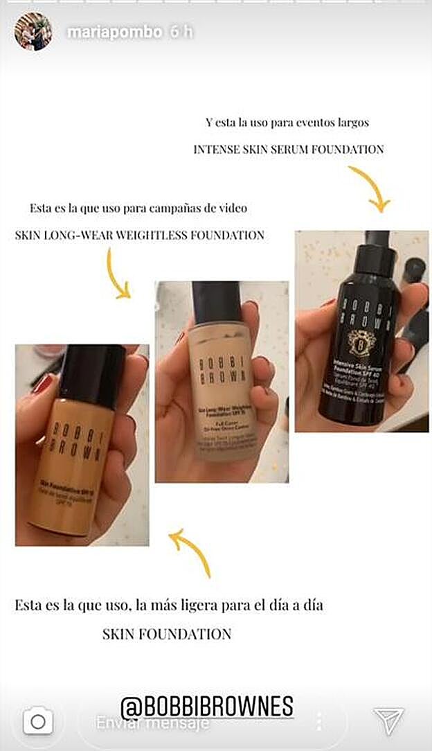 María Pombo ha desvelado en stories cuáles son esas tres bases de maquillaje sin las que no puede vivir.