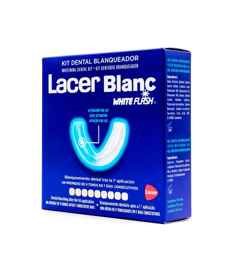 Con eficacia testada clínicamente, su gel contiene Percarbonato Sódico que se activa con la luz de la férula fotoluminiscente que acompaña al kit. Tras 15 minutos de uso, con un máximo de una exposición diaria, blanquea los dientes un promedio de cinco tonos. Está eficacia depende del color original de los dientes. (29 €).