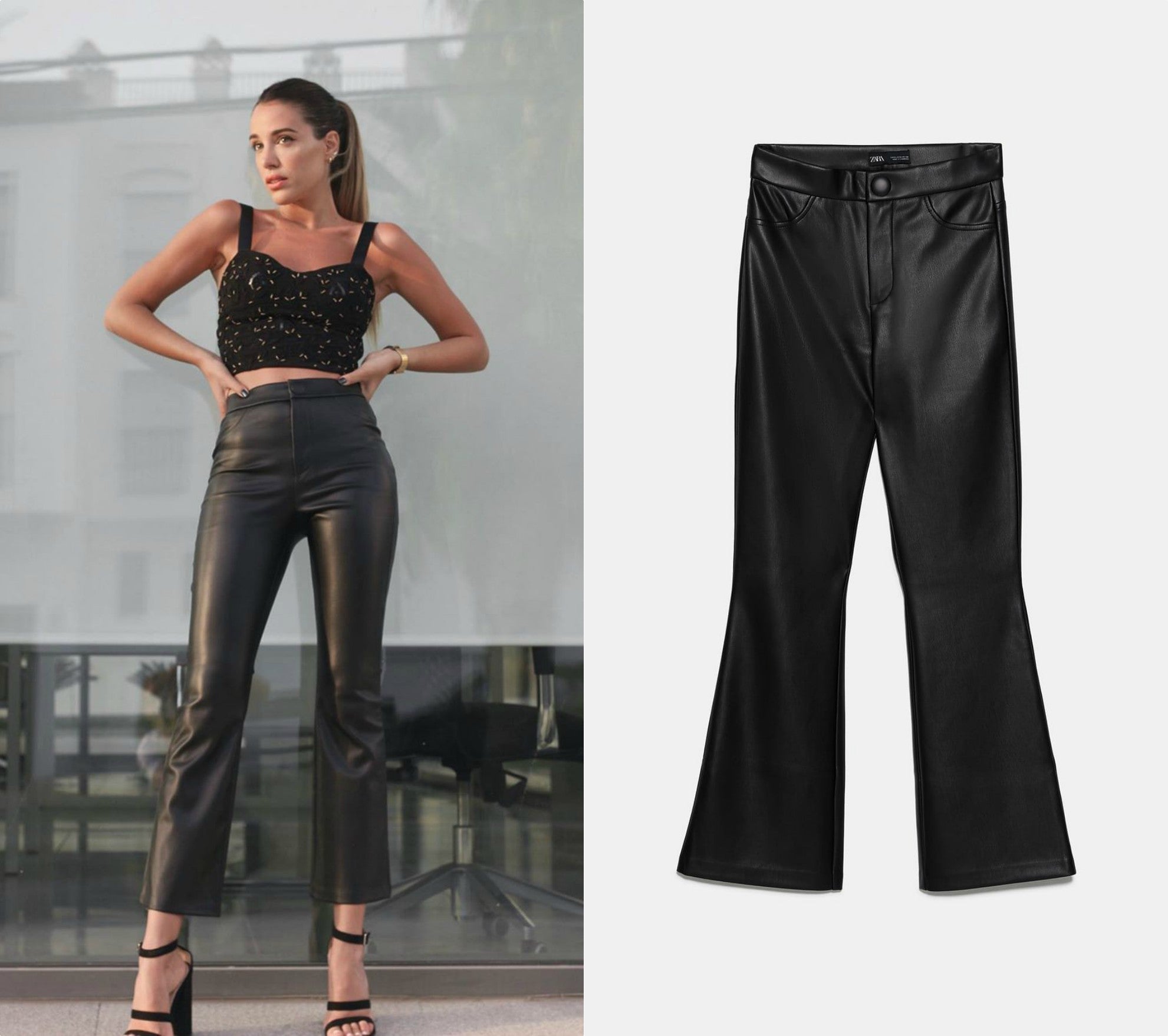 Cómo adelantábamos el tejido de polipiel se ha colado en numerosas prendas del low cost. Y estos pantalones flare de Zara (19,95 euros) que han conquistado a Instagram. En la fotografía podemos ver a Teresa Bass con un  lookazo de fiesta  que le vamos a copiar.