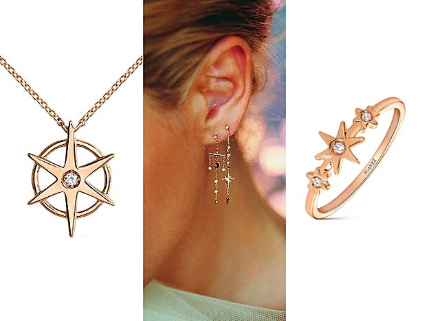 1. Colgante con forma de estrella y brillante central. 2. Pendientes. 3. Anillo con tres brillantes.