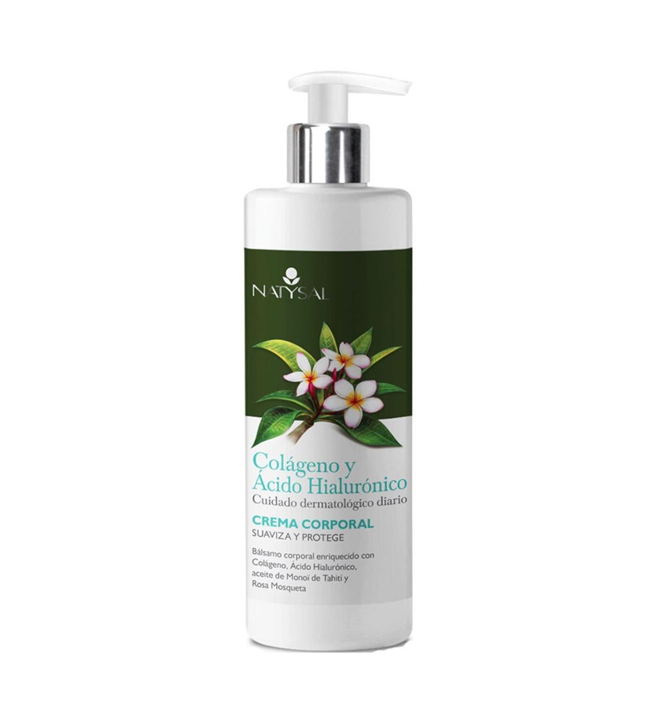 Crema corporal con Colágeno y Acido Hialurónico de Natysal : Crema corporal de acción anti edad elaborada a base de colágeno, ácido hialurónico, aceite de monoï de Tahití y rosa mosqueta, que contribuyen a estimular la regeneración celular. Sus aplicaciones diarias otorgan salud, elasticidad y tersura a la piel y su aroma aporta una sensación de bienestar general. Sin PEGs, parafinas, parabenes, propilenglicol ni colorantes artificiales. (14,70 €).