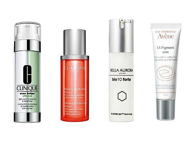 1. Reduce y difumina las manchas oscuras causadas por el sol, la edad o el acné. Even Better Clinical Sérum Anti-Manchas Perfeccionador de Clinique (73 €). 2. El extracto de acerola controla los exonomas, otros responsables de la hiperpigmentación. Mission Perfection Sérum de Clarins (99,50 €). 3. Incluye una cápsula inteligente de liberación dirigida, que actúa sobre los melanocitos y controla la producción de pigmento excesivo. Bio-10 M-Lasma de Bella Aurora (c.p.v.). 4. Este unificante del tono contiene Mélanyde. D-Pigemnt Légere de Avéne (24,10 €).