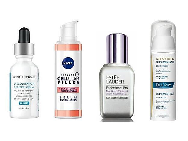 1. Con ácido tranexámico y niacinamida, está indicado para tratar melasmas. Discoloration Defense Serum de SkinCeuticals (88 €). 2. Con ácido hialurónico y un inhibidor de la melanina, consigue resultados significativos en apenas 12 semanas. Hyaluron Cellular Filler Sérum Antimanchas Elasticidad & Antigravedad de Nivea (16,99 €). 3. Un concentrado del activo reconstructor Acetil Hexapéptido-8. Perfectionist Pro de Estée Lauder (125 €). 4. Trabaja de forma localizada para disminuir la hiperpigmentación en manchas intensas. Melascreen Dépigmentant Intense de Ducray (c.p.v.).