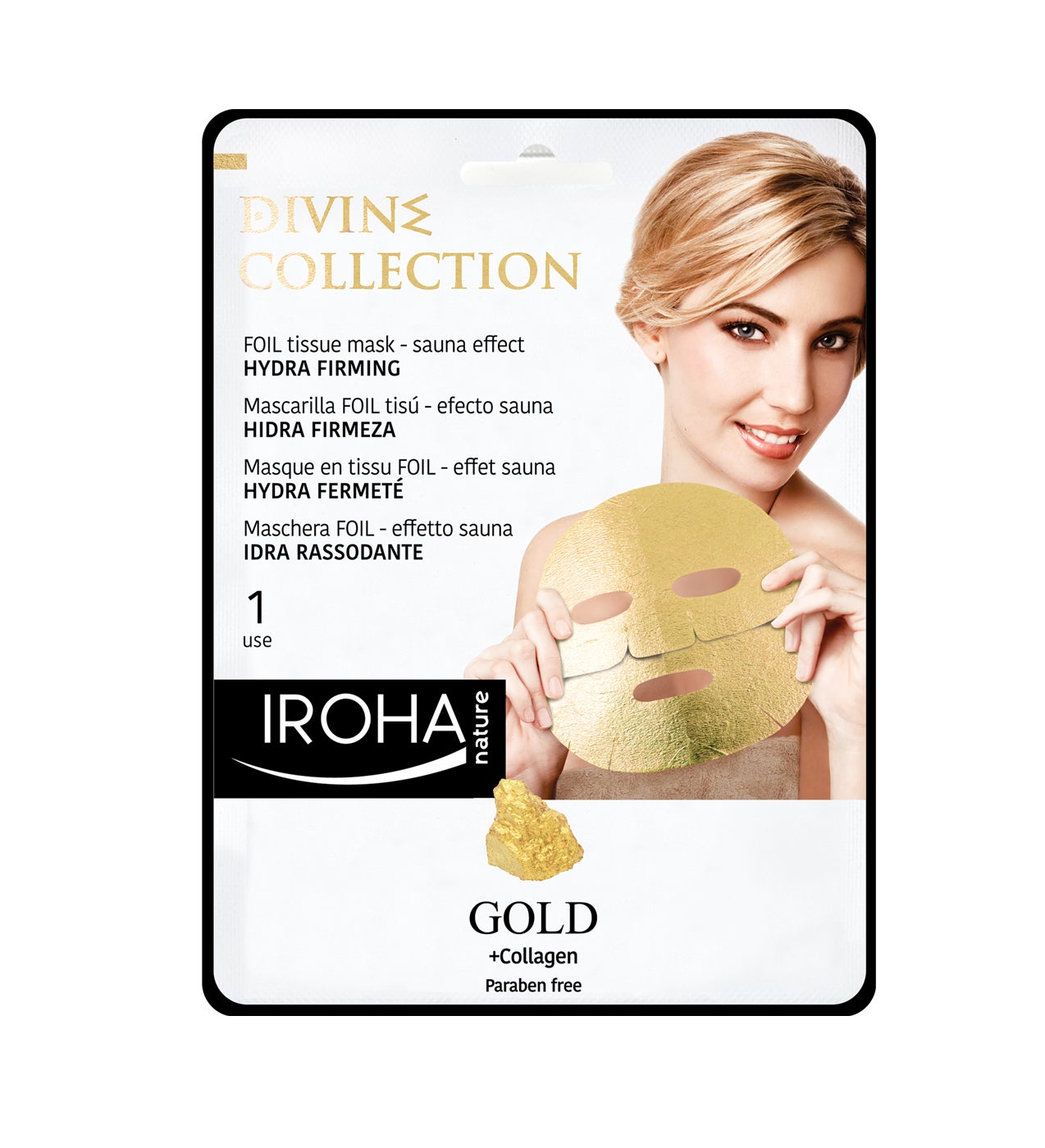 Un formato tisú, está impregnada de oro de 24k, colágeno e ingredientes naturales, aporta hidratación y firmeza a la piel. Se deja durante 15 minutos y al retirarse, se masajea el resto del producto para que sea absorbido por la piel.  Mascarilla Foil Tissue Divine Collection de Iroha  (5,95 €).