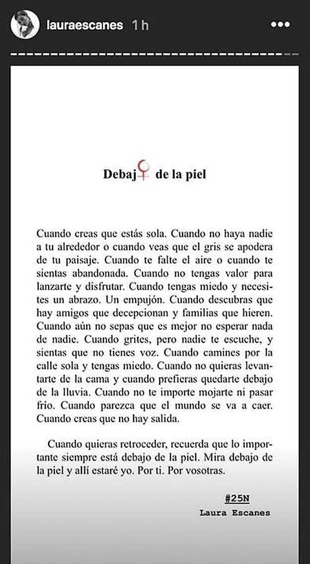 Imagen del texto que ha compartido Laura Escanes en sus 'stories'.
