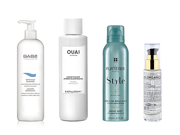 Champú Extrasuave de Babé (10,40 €). Acondicionador de Ouai (28 €). Velo de Brillo de René Furterer (19 €). Hydrating Serum de My Organics (30 €).