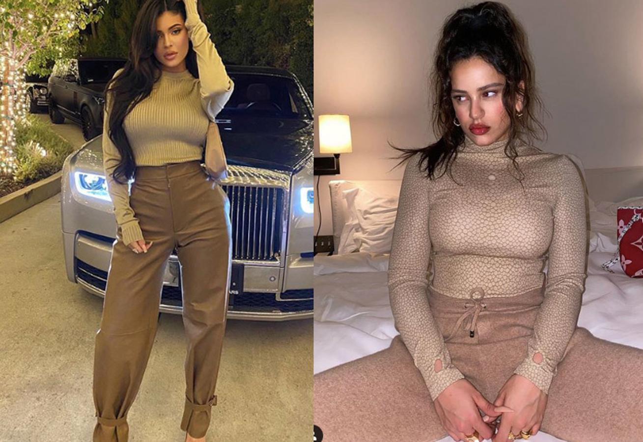 Nadie lleva las prendas de tonalidades tierra como las Kardashians, y Rosalía, que ya es casi parte del clan, se apunta a las combinaciones de colores más chocolateras de la temporada. Kylie lleva su apuesta cromática al terreno más elegante con sus pantalones de Bottega Veneta y Rosalía lo adapta a su estética más desenfadada.