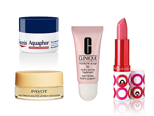 Aquaphor bálsamo Nariz y Labios de Eucerin (5,65 €). Bálsamo Moisture Surge Lip Hydro-Plump Treatment Clinique (18 €). Nutricia Baume Lèvres Coccon de Payot (19 €). Eight Hour Crem Lip Ptotectant de Elizabeth Arden (25,50 €).