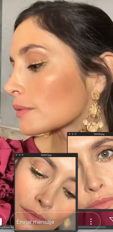 Este año hemos visto a muchas famosas decantarse por esta opción de maquillaje festivo con pan de oro. Un maquilaje de ojos que no es apto para cualquiera, pero por el que la influencer no ha dudado en atreverse convirtiéndolo en un sendillo delineado dorado muy favorecedor.