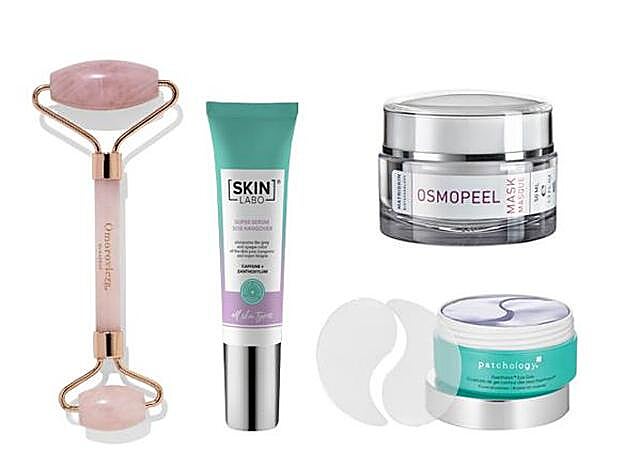 The Rose Roller Quartz de Omorovicza (60 €). Super Sérum SOS Hangover (22 €). Osmopeel Mask de Matriskin (133 €). FlashPatch Eye Gels de Patchology (34,95 €, en Sephora).