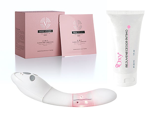 Toallitas Íntimas de Miss Vivien (22 €). Rejuvenecedor Íntimo de BeOxy (24,95 €). Dispositivo que combina luz LED, infrarroja, diatermia y vibración terapéutica V-Sculpt Pro (833,80 €).