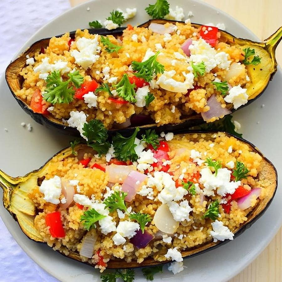 Ingredientes:2 berenjenas1 cebolla2 dientes de ajo1 pimiento rojo1 tacita de cous cous integralQueso fetaPerejilAOVEPreparación:- Vaciar las berenjenas, salpimentar y hornear durante 30 minutos a 180°.- Picar la miga de berenjena y saltear en AVOE durante cinco minutos. Incorporar el pimiento, la cebolla y los dos dientes de ajo bien picaditos. Salpimentar y cocinar durante 5 minutos más. Se puede añadir cayena al gusto.- Preparar el cous cous siguiendo las instrucciones del envase. Normalmente tan solo hay que hervir agua o caldo, mezclarlo con el cous cous en un bol, dejar reposar unos minutos hasta que absorba todo el líquido y remover para que quede el grano suelto.- Mezclar el cous cous con las verduritas y rellenar las berenjenas.- Decorar con feta desmigado y perejil.