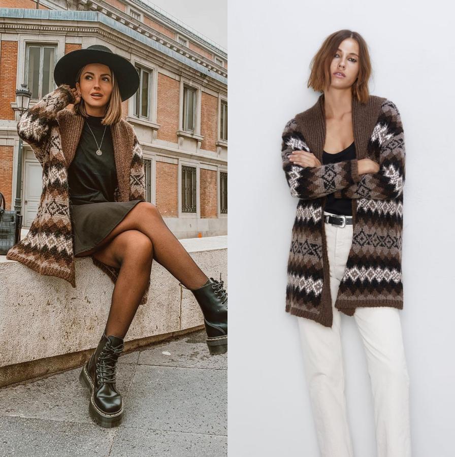La chaqueta de punto es la prenda tendencia del 2019 que arrasa ahora en el 2020 y esta de Zara que  compartió Alexandra Pereira  gustó mucho a sus seguidores. Un modelo en tonos marrones que cuesta 29,99 euros.