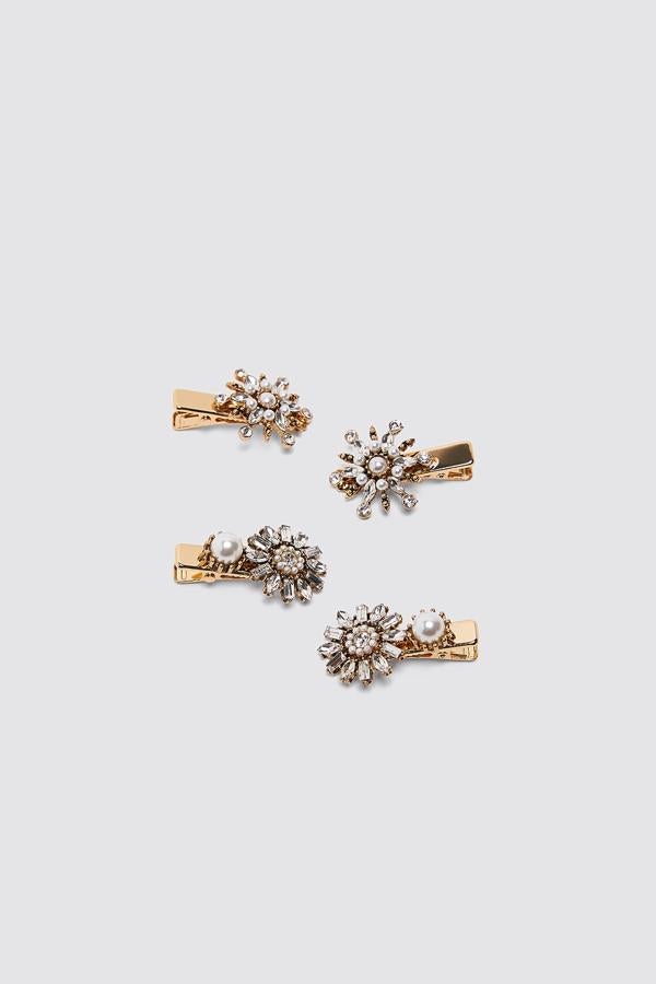 Pack de mini pinzas para el pelo metálicas combinadas con aplicación perlas y joya. Ahora 7,99 euros