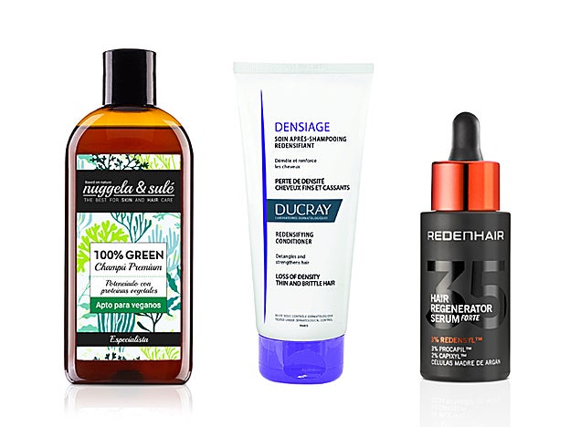 Champú 100% Green de Nuggela & Sulé (24,90 €). Acondicionador Densiage de Ducray (14,84 €). Hair Regenerator Serum Forte de Redenhair (49 €).