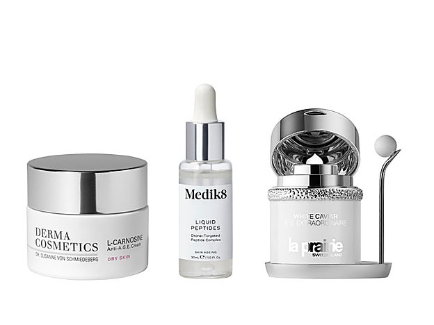 L-Carnosine Anti A.G.E. Cream de Derma Cosmetics (79,99 €). Liquid Peptides de Medik8 (59 €). White Caviar Eye Extraordinaire de La Prairie (499 €).