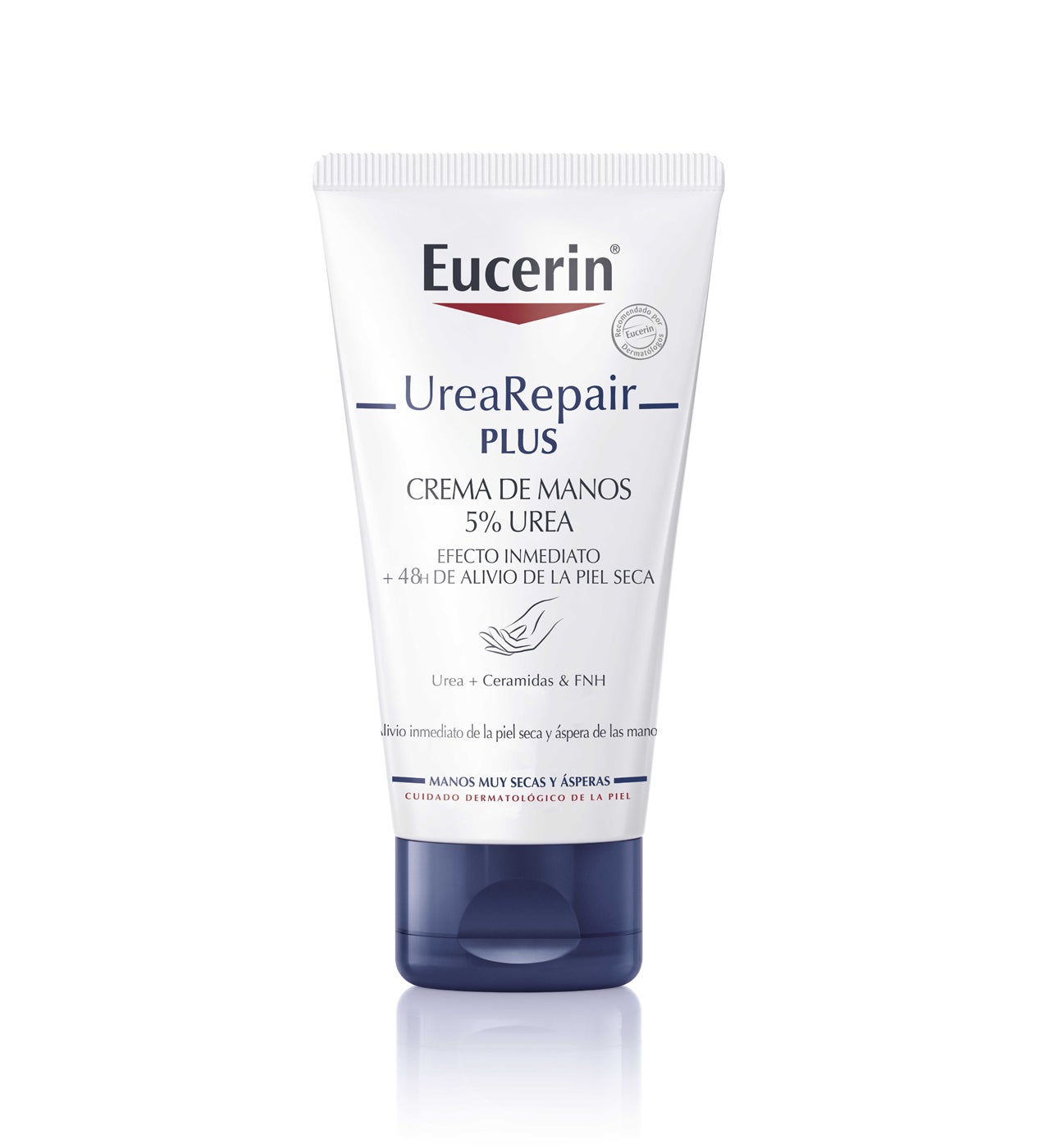 Contiene un 5% de urea, ceramida y factores naturales de hidratación, que fortalecen la barrera natural de la piel y consiguen que sea más resistente ante la deshidratación, hasta 48 horas. Alivia de manera inmediata y retrasa la aparición de los síntomas de manos secas muy secas y rugosas, incluso después de repetidos lavados. Es de rápida absorción.  UreaRepair Plus Crema de Manos 5 % Urea de Eucerin  (14,65 €).