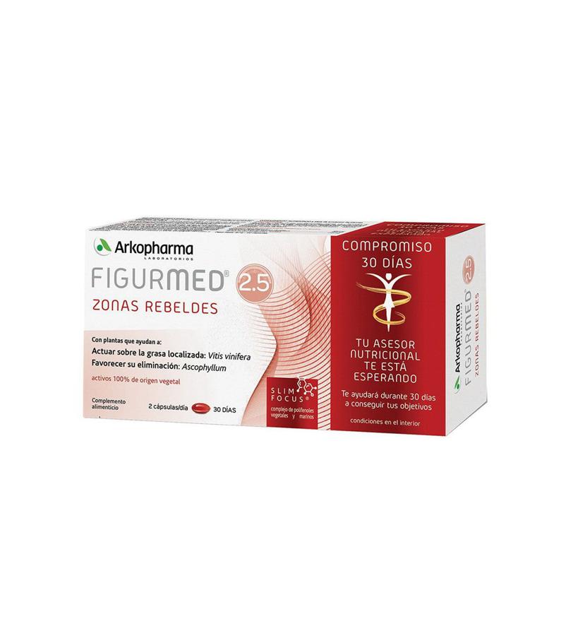 Complemento alimenticio con plantas que ayudan a actuar sobre la grasa localizada (vitis vinífera) y favorecer su eliminación (ascophyllum nodosus),Sobre la celulitis y grasa superﬁcial, el extracto concentrado de piel y pepitas de uva (vis vinífera l.) ayuda a reﬁnar la silueta, gracias a su efecto drenante y desinﬁltrante.  Figurmed 2.5 Zonas rebeldes de Arkopharma  (34,90 €/ 60 cápsulas).