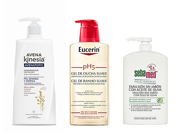 Loción Emoliente Piel Atópica y Sensible de Avena Kinesia (4,75 €). pH5 Gel de Ducha Suave de Eucerin (12,10 €). Emulsión sin Jabón con Aceite de Oliva de Sebamed (16,25 €).