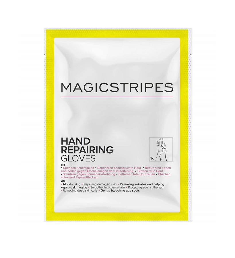 Enriquecidos con una mezcla de extractos naturales, moléculas activas, manteca de karité y aceite de oliva, los guantes envuelven la piel en hidratación esencial, a la vez que estimulan su proceso de renovación natural, ofreciendo una piel más firme y suave. Los guantes también tienen beneficios antienvejecimiento gracias al colágeno hidrolizado, que reduce la apariencia de las manchas oscuras, las líneas de expresión y las arrugas.  Guantes reparadores de manos de Magicstripes  (11,95 €).
