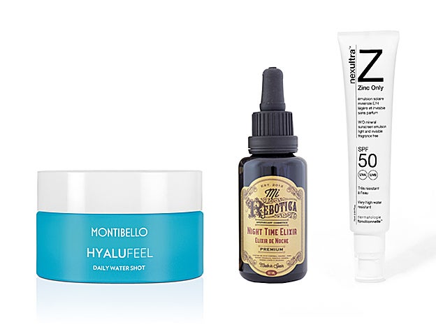 Emulsión-gel ultrafrescoHyalufeel Daily Water Shot de Montibello (44,50 €). Elixir de Noche, de tacto seco, de Mi Rebotica (33,99 €). Protector solar mineral, específico para el invierno, Nexultra SPF50 de Universkin (39 €).