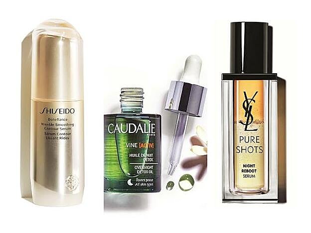 1. Benefiance Wrinkle Smoothing Contour Serum de Shiseido (110 euros). 2. Vine [Activ] Aceite de Noche Detoxificante de Caudalie (33,60 euros). 3. Pure Shots by YSL Night Reboot Serum de Yves Saint Laurent (87 euros).