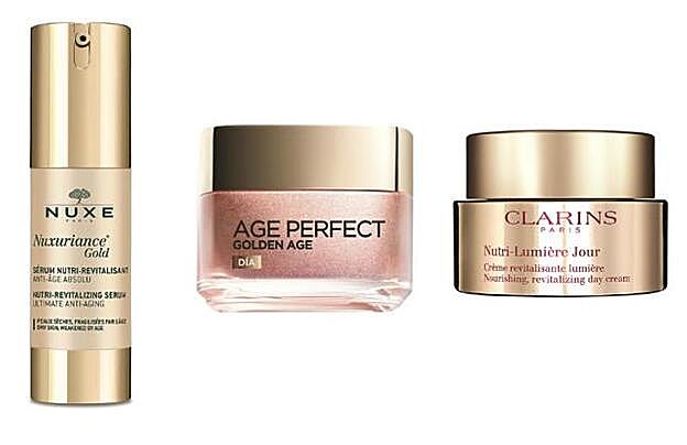 1. Nuxuriance Gold Sérum Nutri-Revitalisant de Nuxe (74,90 euros). 2. Age Perfect Golde Age Crema de Día de L’Oréal Paris (14,95 euros). 3. Nutri-Lumière Jour de Clarins (138 euros).