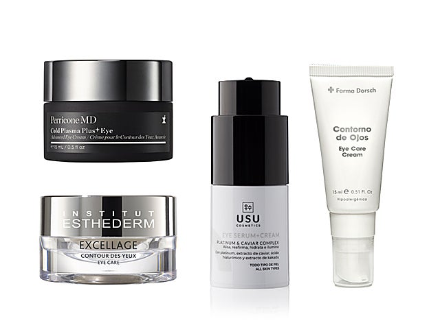 Cold Plasma+ Eye de Perricone MD (99 €). Contorno de ojos Excellage de Institut Esthederm (75 €). Platinum Eye Cream de Usu (60 €). Eye Care Cream de Laboratorios + Farma Dorsch (29 €).