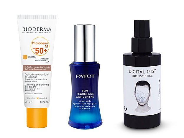 Photoderm M SPF50+ de Bioderma (19,95 €). Blue Techni Liss Concentrate (59 €). Digital Mist de Ikonsmetics (49 €).