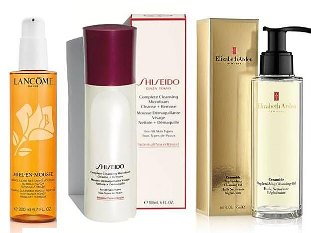 Miel-en-Mousse de Lancôme. Complete Cleansing Microfoam de Shiseido. Ceramide Replenishing Cleansing Oil de Elizabeth Arden.