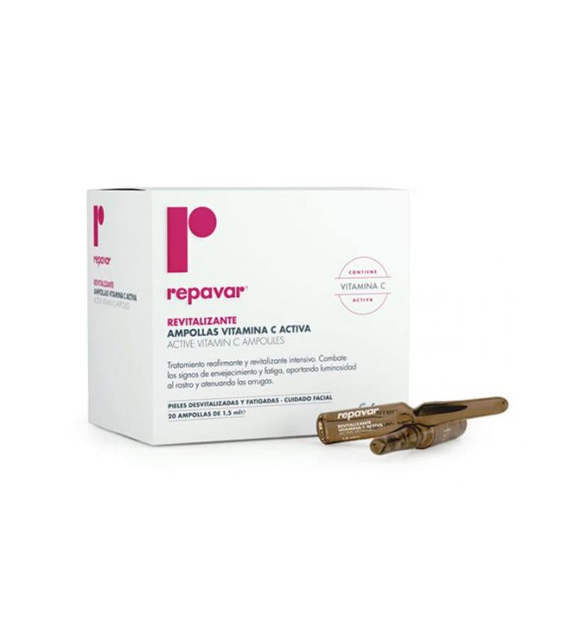 Su alta concentración de vitamina C Activa (pura al 5,5 %) estimula la síntesis de colágeno natural, modula la producción de melanina y tiene acción antioxidante. Combaten los signos de envejecimiento y fatiga, proporcionan luminosidad y atenúan las arrugas.  Ampollas Vitamina C Repavar Revitalizante  (18,78 €).