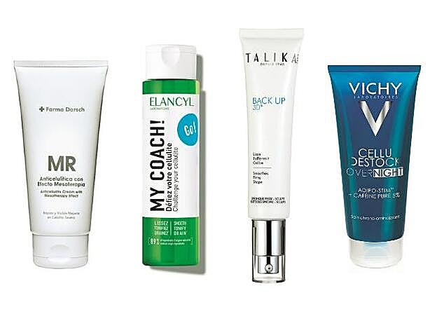 1. +Farma Dorsch MS Meso Reductor Anticelulítico con Efecto Mesoterapia (37 €). 2. Elancyl My Coach, anticelulítico con extracto de algas que potencia los efectos del ejercicio (34,50 €). 3. Talika Back Up 3D, sérum de glúteos efecto push up (39,90 €). 4. Vichy CelluDestock Overnight, un anticelulítico con un 5% de cafeína pura y complejo Adipo-Stim (extracto de jengibre, de yam y escina), que trabaja mientras duermes (32 €).