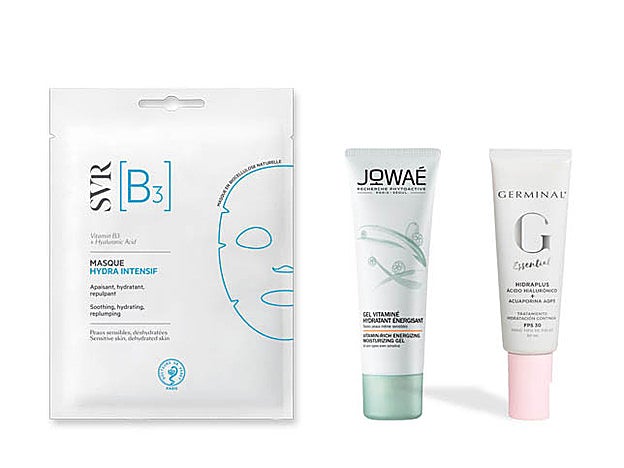 Masque Hydra Intensif Essence Hydra de SVR (7,90 €). Gel Vitaminado Hidratante Energizante de Jowaé (16,90 €). Essential Hidraplus de Germinal (30 €).