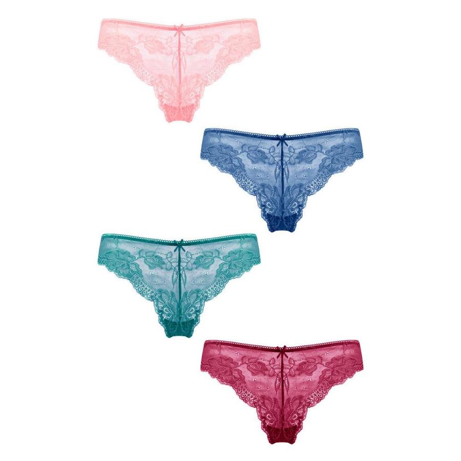 Pack de cuatro braguitas de encaje en rojo, verde, azul y rosa, de Primark, (7 euros).