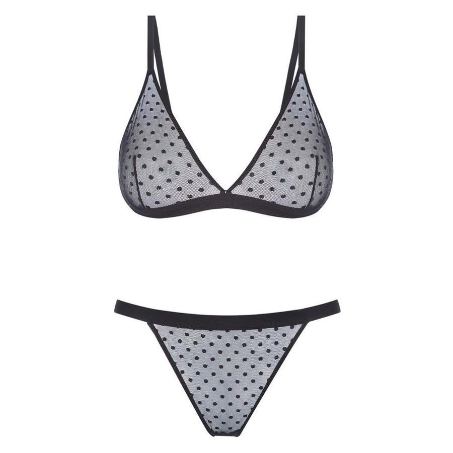Conjunto de braguita y sujetador sin aros tranparente con lunares de Primark, (6 euros).