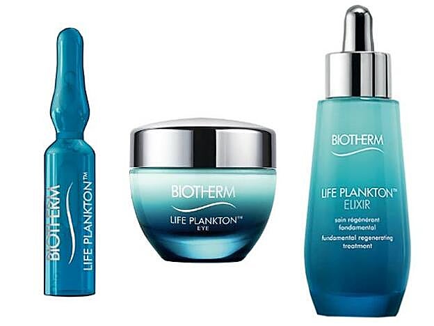 BIOTHERM 1. Life Plankton Ampollas con ácido hialurónico (58 €). 2. Life Plankton Eyes (55 €), 3. Life Plankton Elixir (93 €).