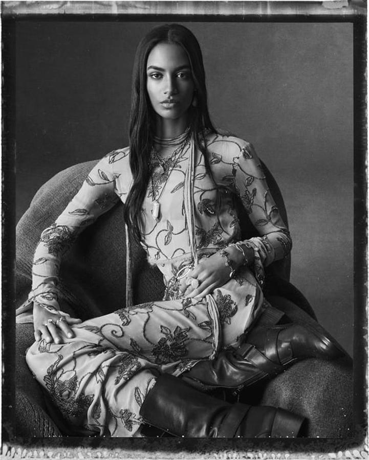 Vestido rosa empolvado de gasa largo, con cuello caja y aplicaciones en tonos grises, de la nueva colección de Zara (129 euros).