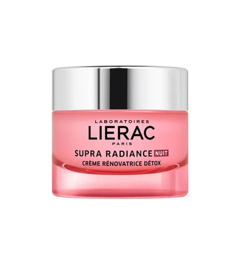 Combina el extracto de marrubio blanco (detoxificante, antioxidante y reactivador celular) con el concentrado hyalu-3 anti-oxidante, que rellena y alisa. También está enriquecida con ácidos láctico y glicólico, que proporcionan una suave exfoliación que deja la piel luminosa. En su fragancia floral destacan notas de fresia, pimienta rosa y haba tonka.  Supra Radiance Crema Noche Renovadora Detox de Lierac  (59 €).