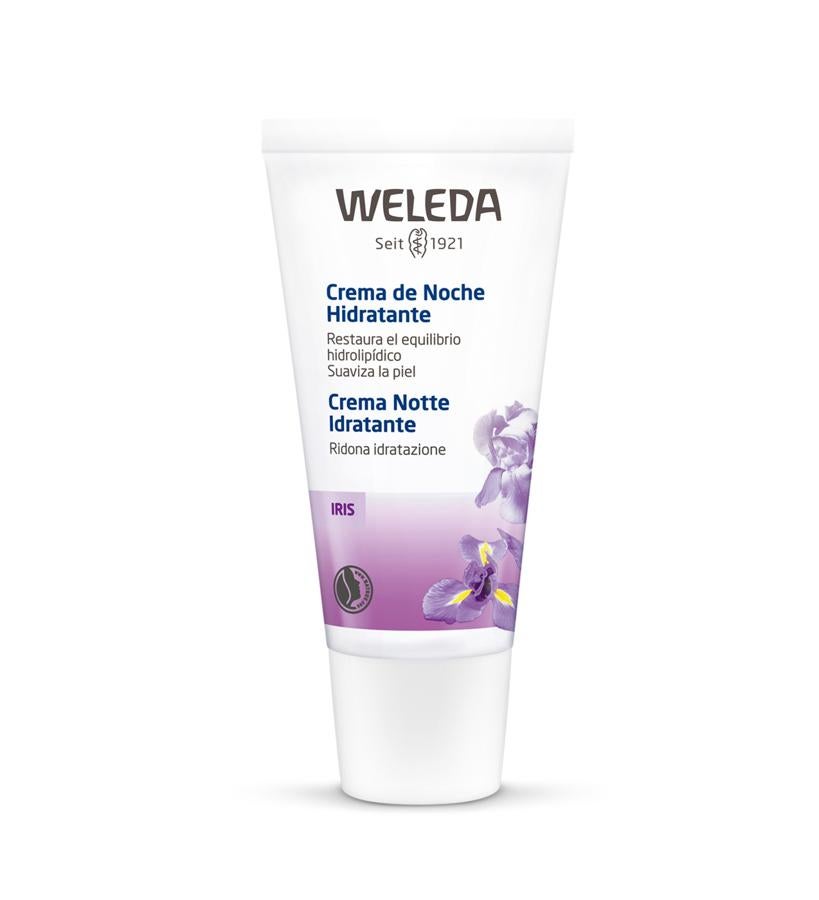 Su fórmula contiene raíz de iris y aceite de jojoba biológicos, que suavizan la piel y regulan su equilibrio hidrolipídico natural mientras duermes. El resultado: te despertarás con la piel revitalizada, fresca y naturalmente bonita.  Crema de Noche Hidratante de Iris de Weleda  (15,95 €).