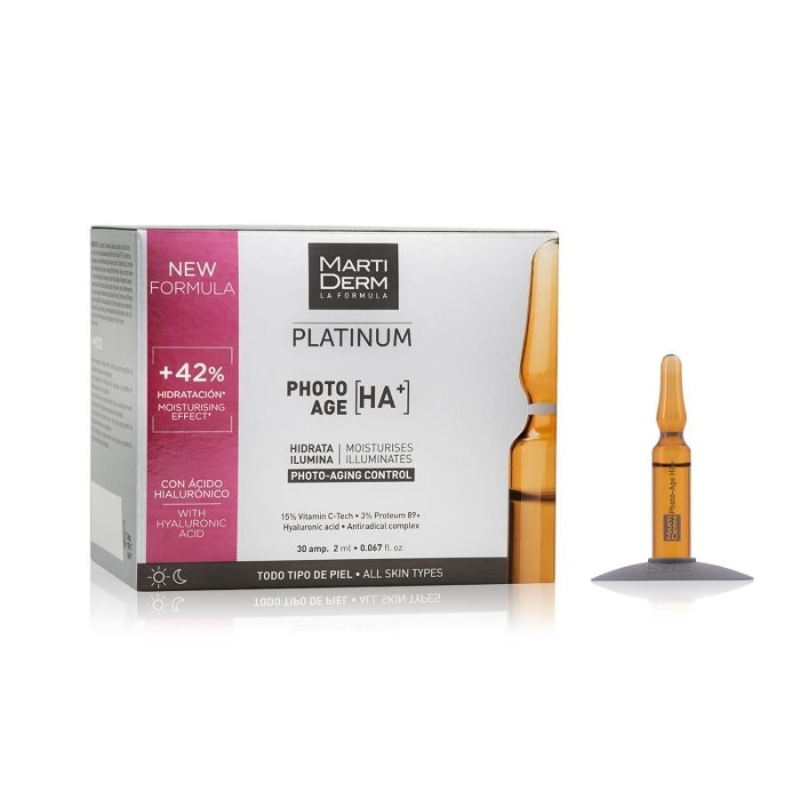 Photo-Age HA+ de Marti Derm, ampollas súper hidratantes de fácil absorción que hidrata e ilumina la piel, además de suavizar la apariencia de las arrugas logrando un rostro más firme (38,50 euros).