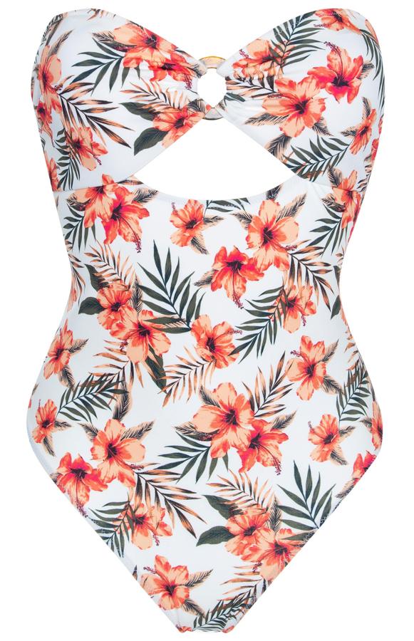 En color blanco con estampado de flores en tonos naranjas, este bañador sin tirantes con abertura bajo el pecho cuesta 14 euros.