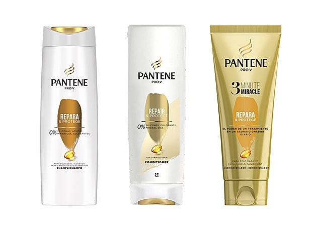 Champú (2,99 €), Acondicionador (2,99 €) y Acondicionador 3 Minute Miracle (3,99 €); todos de la línea Repara y Protege de Pantene.