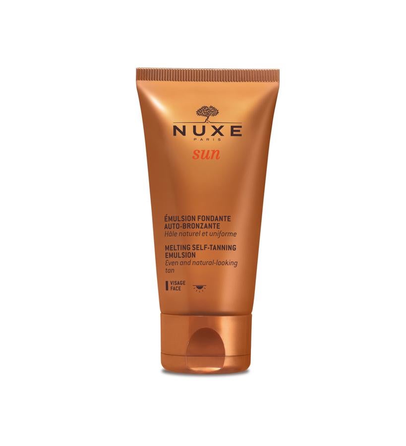 Se puede usar tanto en el rostro como en el cuerpo, para proporcionar un tono dorado natural y uniforme, a la vez que hidrata la piel. Contiene un 92 % de ingredientes de origen natural, penetra rápidamente, no deja marcas y proporciona un tono luminoso.  Autobronceador Hidratante Sublimador Rostro y Cuerpo Nuxe  (23,90 €).