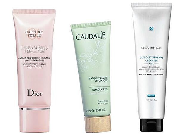 1. Dior. Mascarilla Dreamskin 1 Minute (70 €), con ácidos de flores más glicólico, cítrico y salicílico. 2. Caudalie. Mascarilla Peeling Glicólico (22,70 €), con viniferina y enzimas de papaya. 3. Skinceuticals. Glycolic Rebewal Cleanser (35,70 €), con ácido glicólico real y ácido fítico.
