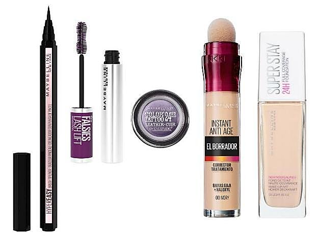 1. Eyeliner Hypereasy: 7,99 €. 2. Máscara de pestañas Falsies Lash Lift: 10,99 €. 3. Sombra Color Tattoo 24 hr: 6,99 €. 4. El Borrador Corrector: 9,99 €. 5. Base de maquillaje Superstay 24 h.: 12,99 €. Todo de Maybelline.