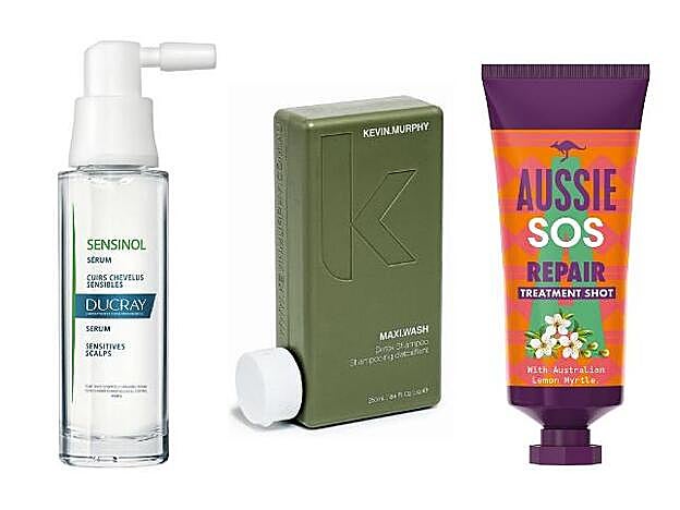 1. Ducray: Sensinol Sérum Calmante Fisioprotector (14,71 €). 2. Kevin.Murphy Maxi.Wash Detox Shampoo con efecto exfoliante (24,50 €). 3. Aussie: Ampolla SOS Repair Treatment con lima de caviar (2,99 €).