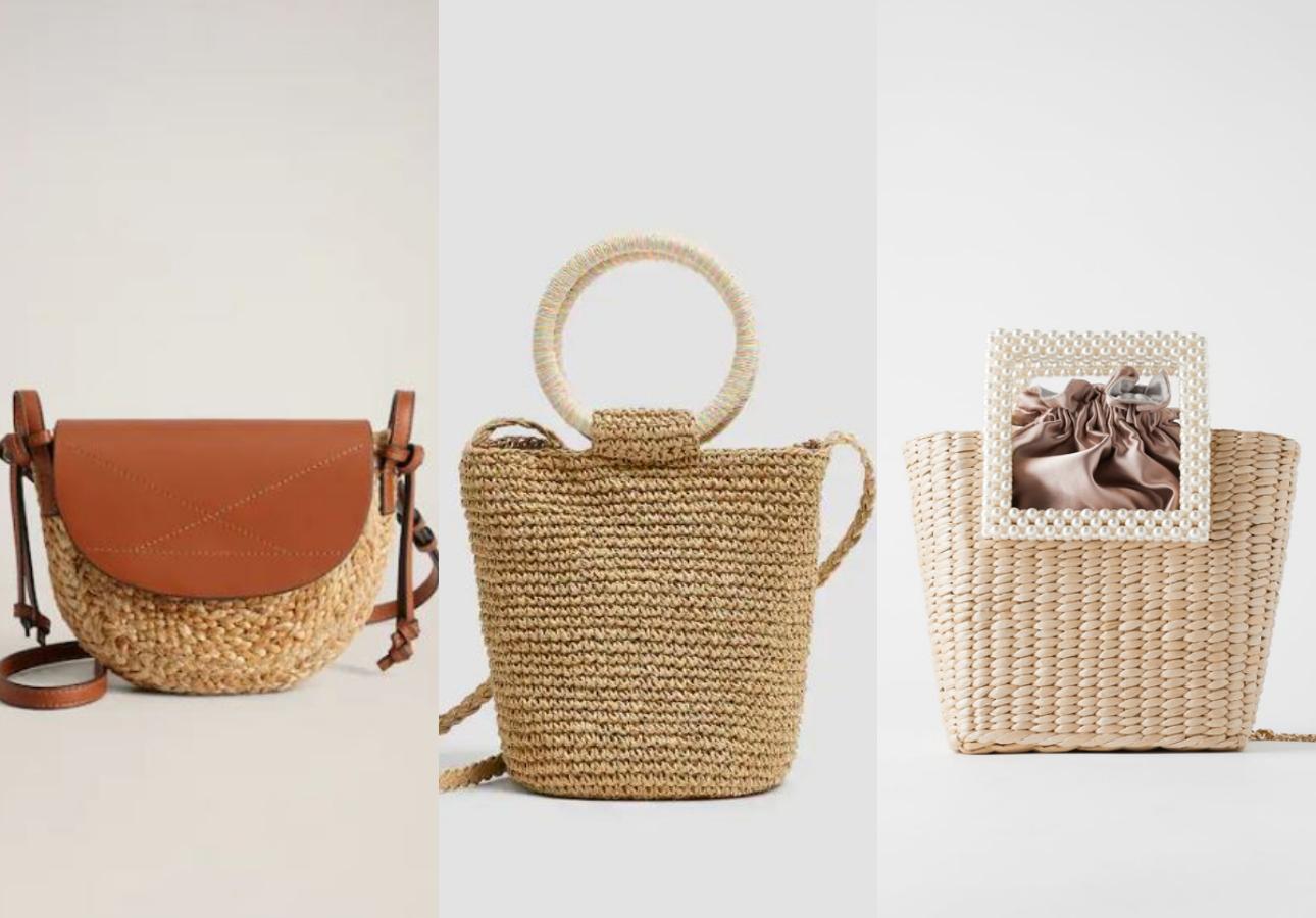 Combinad con marrón de Mango (25,99 euros), tipo bandolera de Pull&Bear (15,99 euros) y como cesta con asa decorada de Zara (35,95 euros).