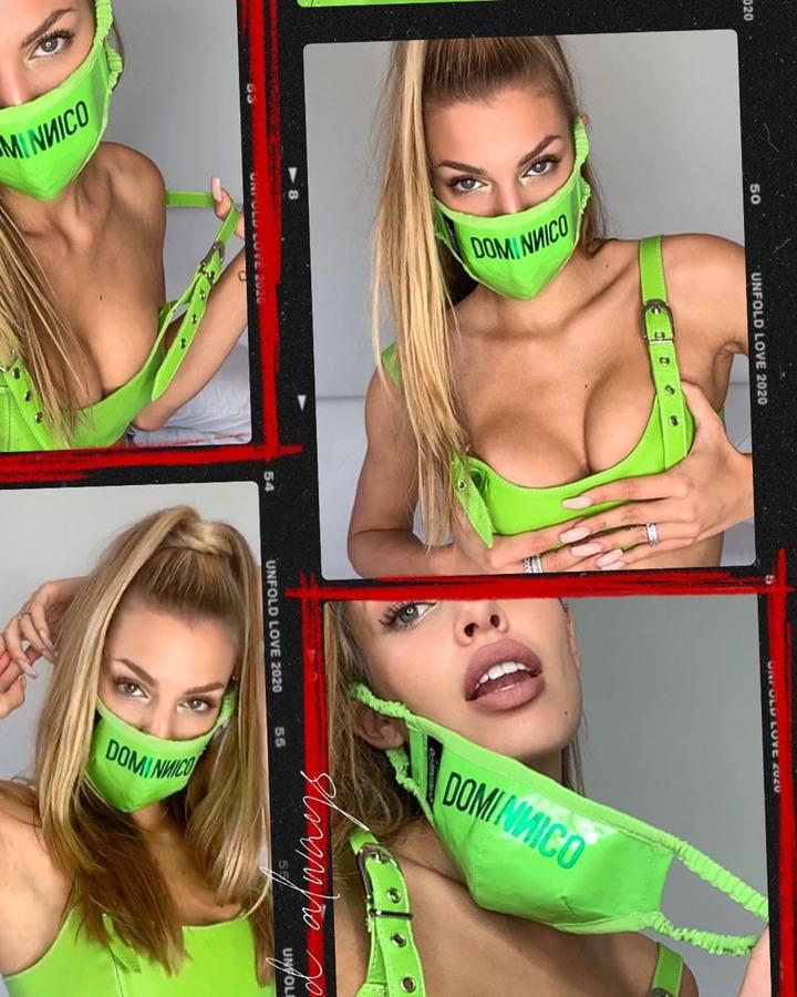 Jessica Goicochea se ha hecho con uno de los modelos más originales, una mascarilla de charol en color verde de Dominnico.