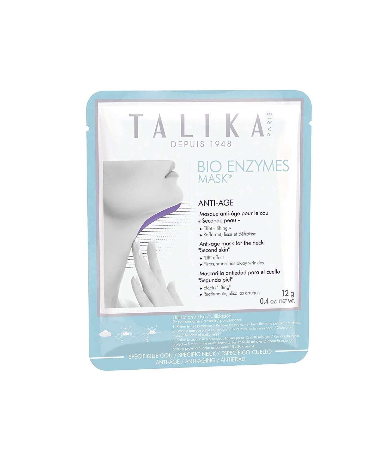 Talika también tiene su versión de la mascarilla antiedad para el cuello. La Bio Enzymes Neck reafirma la piel más flácida gracias a la concentración de activos milagrosos como el colágeno, la adenosina y el extracto de 17 plantas como la Centella Asiática. (7,90 euros).  En Amazon .